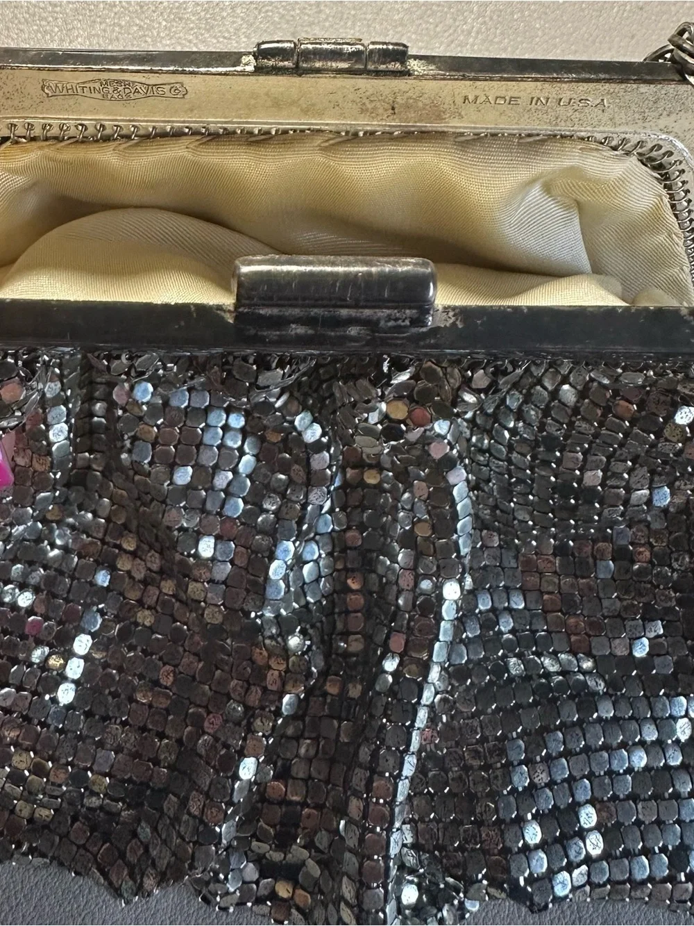 Whiting & Davis Vintage Silver Sequin Chain Wristlet Clutch
